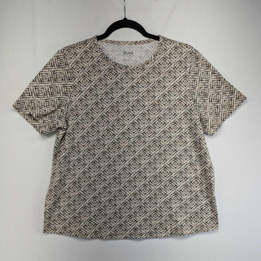 Blair Womens Medium Geometric Diamond Print Short Sleeve Crew Neck Knit Top Tan